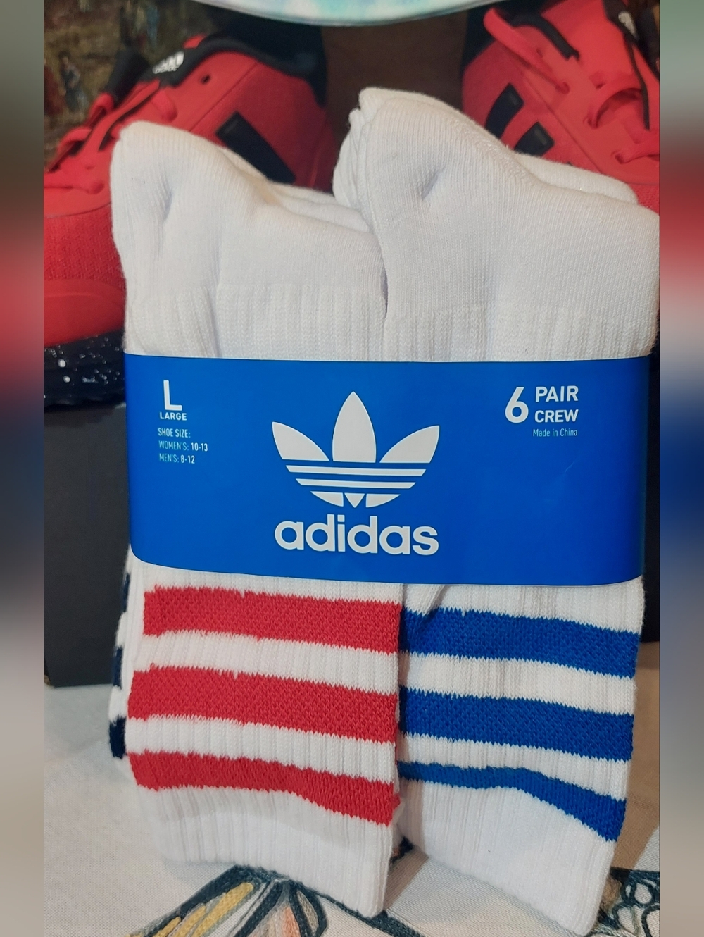 adidas White Crew Socks with Red & Blue Stripe Accents - 6 Pack - Picture 2 of 6
